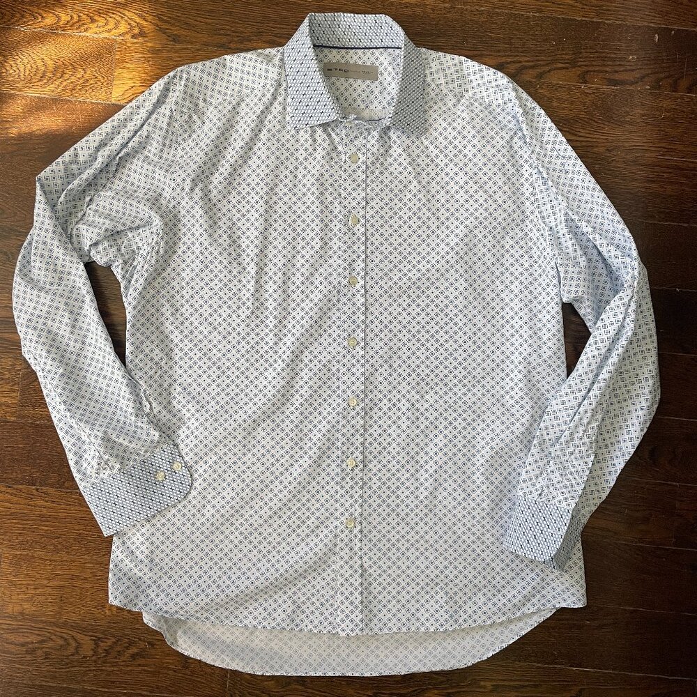 Etro long-sleeve button-up Cotton shirt White with Blue Squares-Sz. 44-XL
